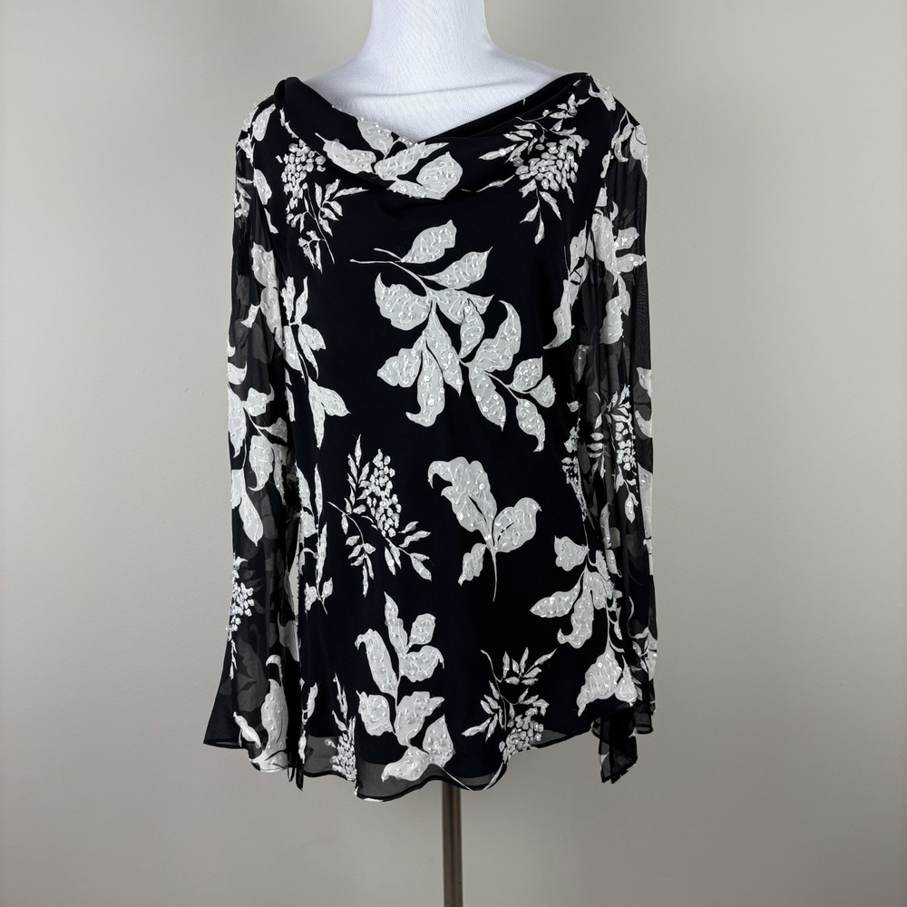 Y2K‎ Sandra Darren Silk Blouse Top 14 Black Floral Beaded Bell Fairy Whimsigoth